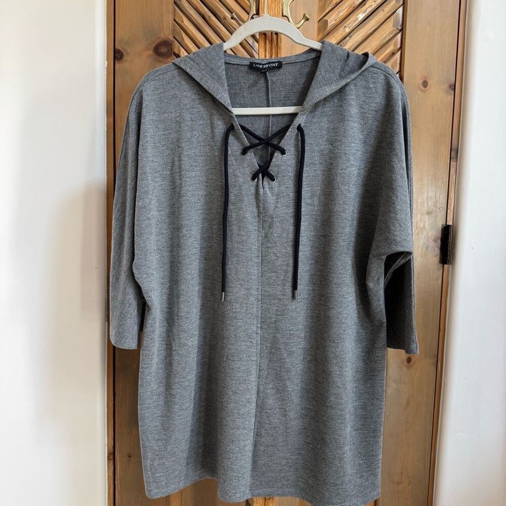 NWOT Lane Bryant (14/16) Gray lace-up hooded sweatshirt front lattice detail 3/4